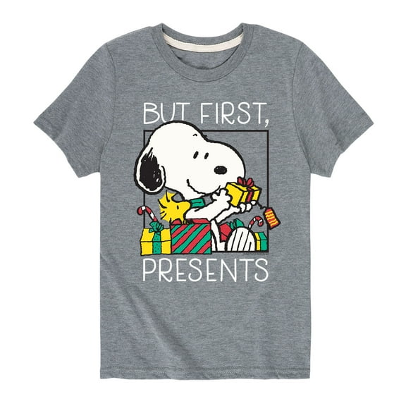 Peanuts - Snoopy and Woodstock But First, Presents - Toddler And Youth Short Sleeve Graphic T-Shirts