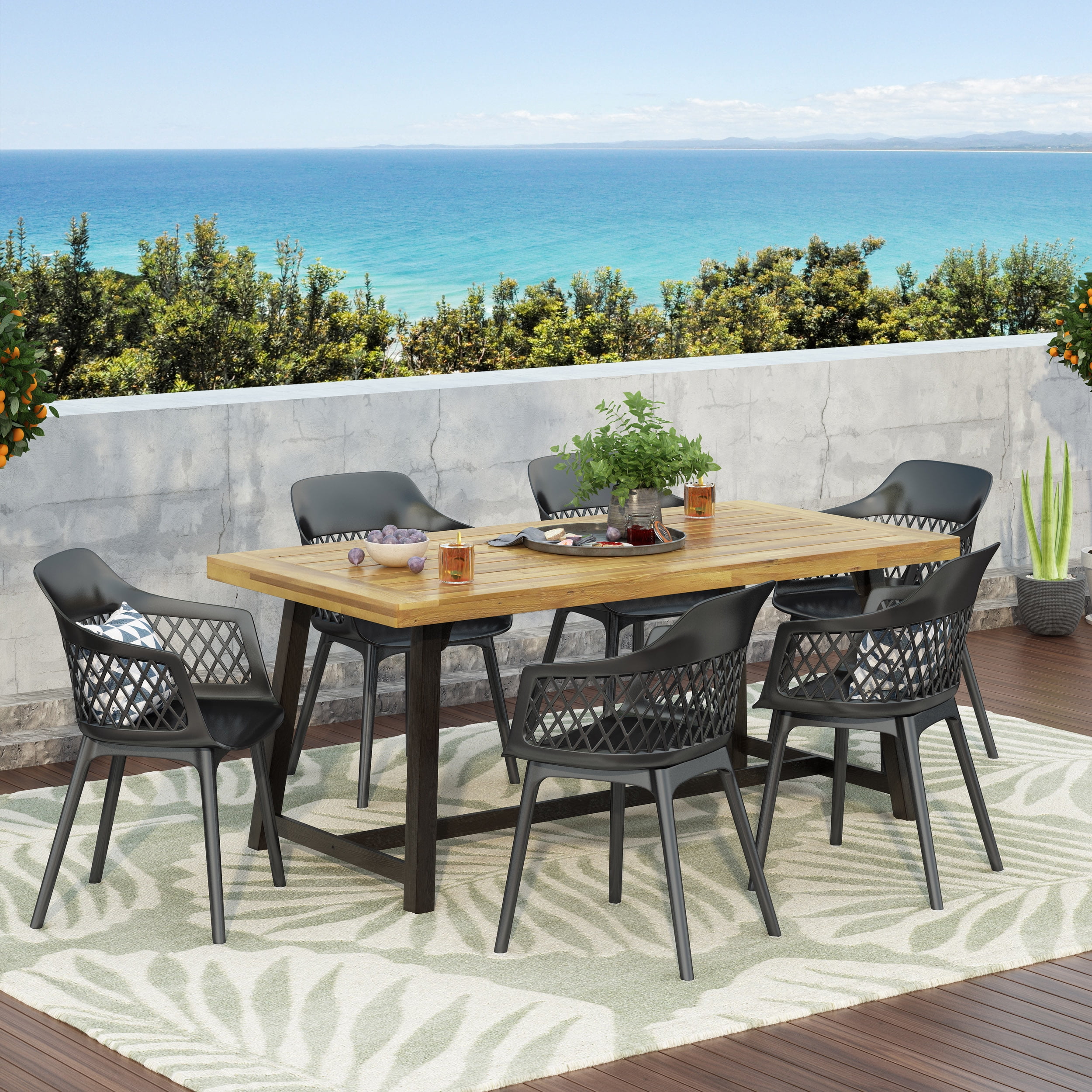 Strada Wood and Resin Outdoor 7 Piece Dining Set, Black and Sandblasted Teak