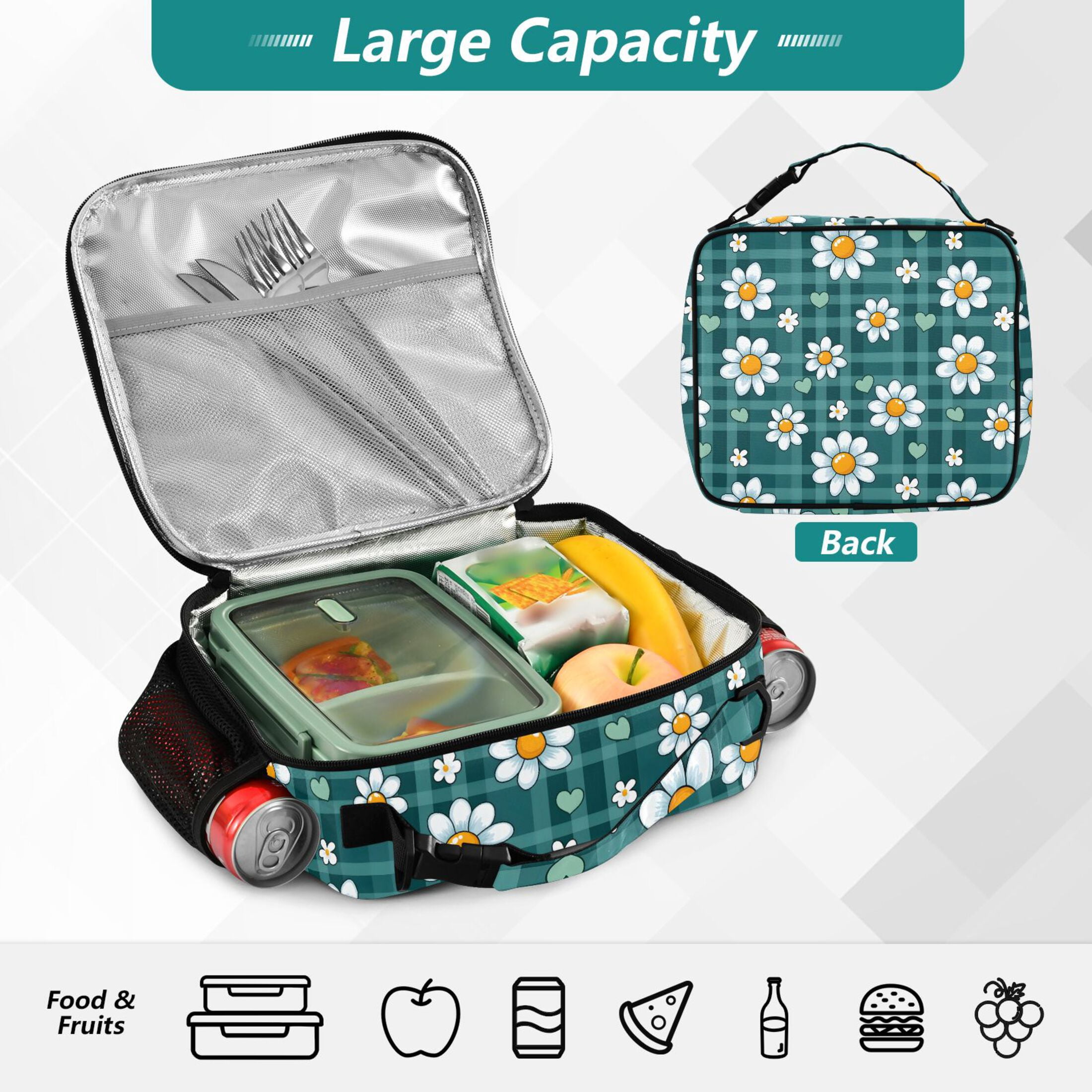 ALAZA Cute Daisy Flower Lunch Box Insulated Lunch Bag Cooler Tote with Shoulder Strap