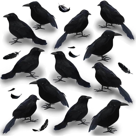Halloween Black Crows,12 Pack Real Touch Black-Feathered Crows Halloween Decorations Indoor Raven Prop Outdoor Crows Halloween Decor Realistic Looking Raven Statue Fake,Crow Decoy