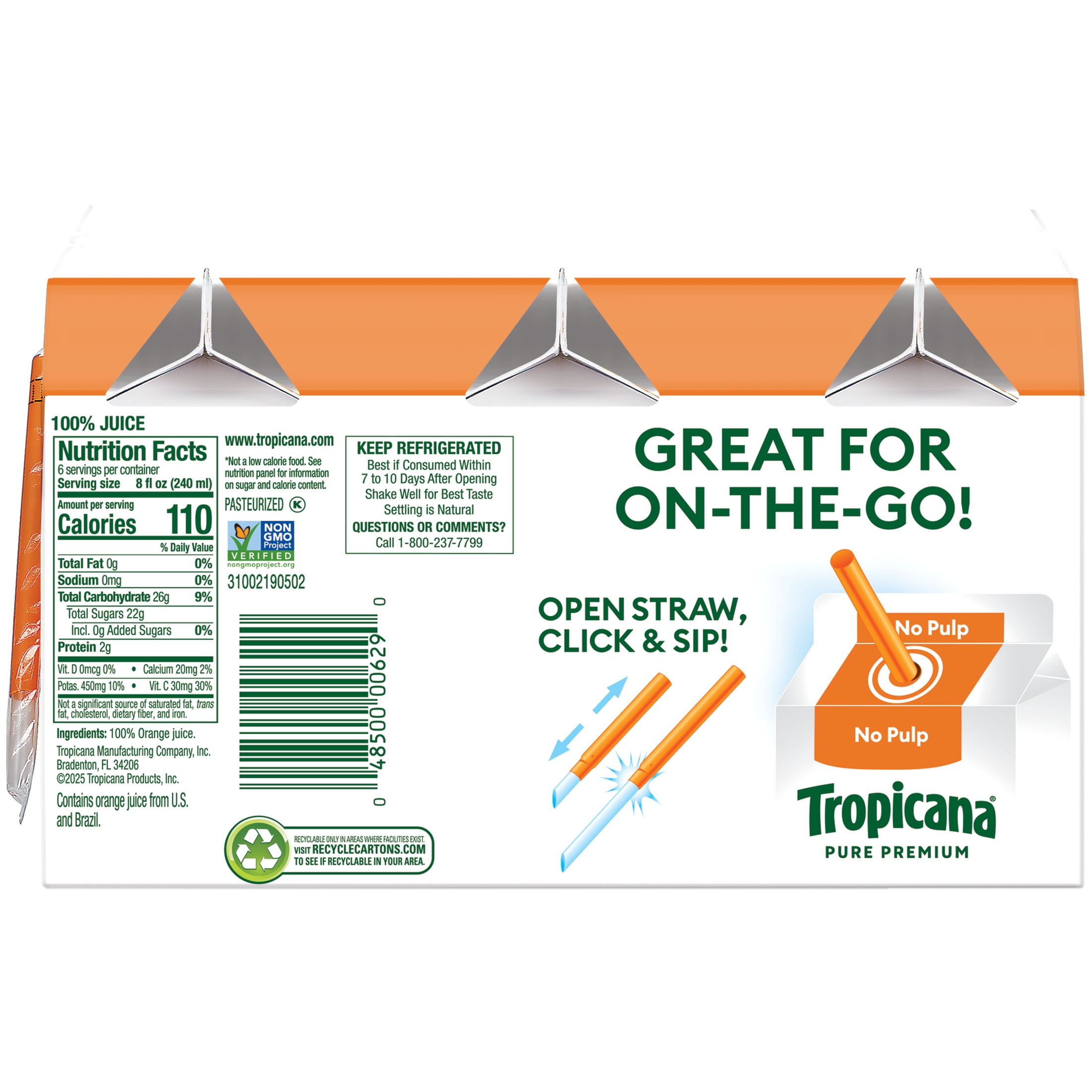 Tropicana Pure Premium 100% Orange Juice Original No Pulp, 8 Fl Oz Carton, 6-Pack