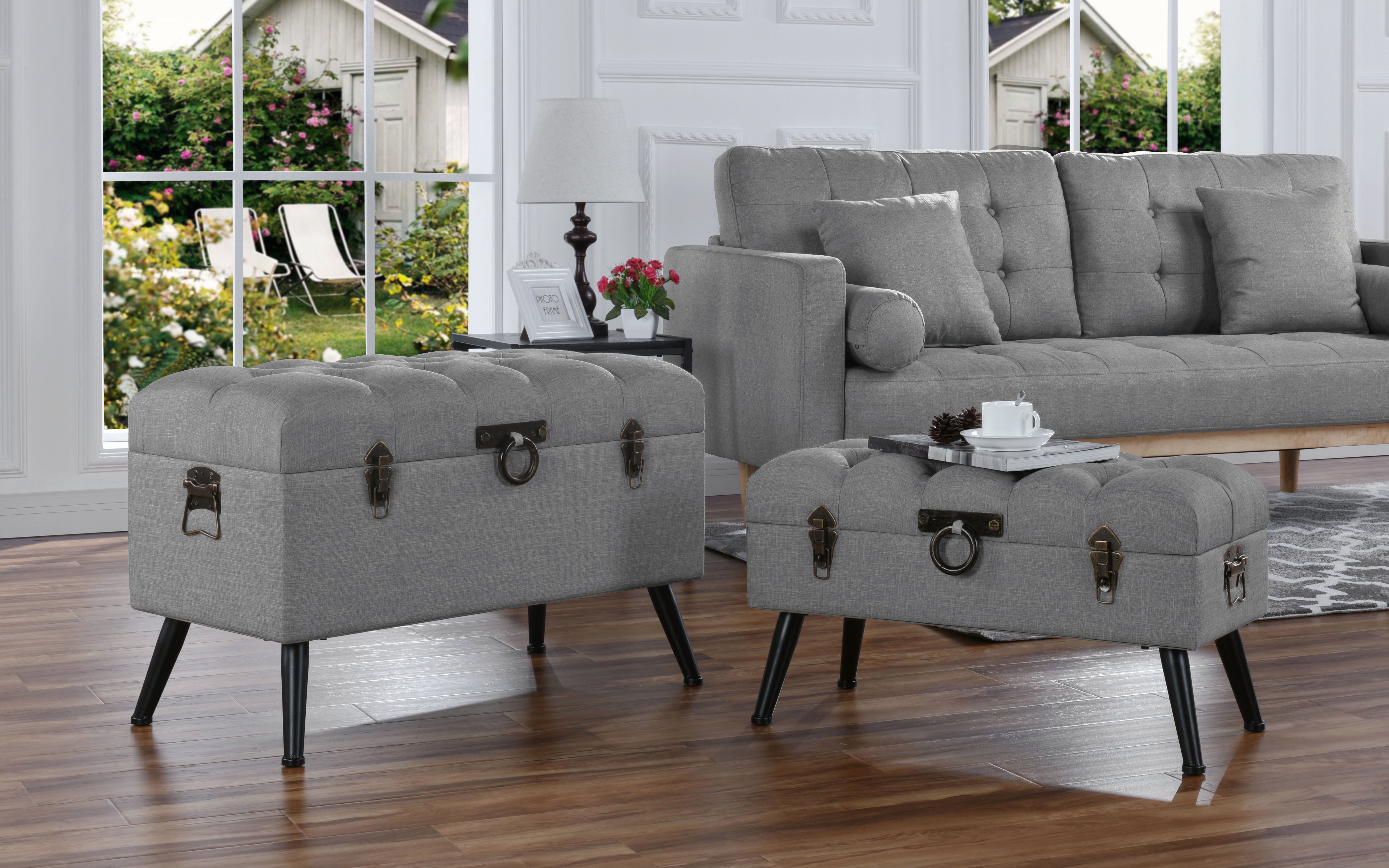 Classic Tufted Linen Accent Tables Storage Chests, 2 Piece Set, Gray