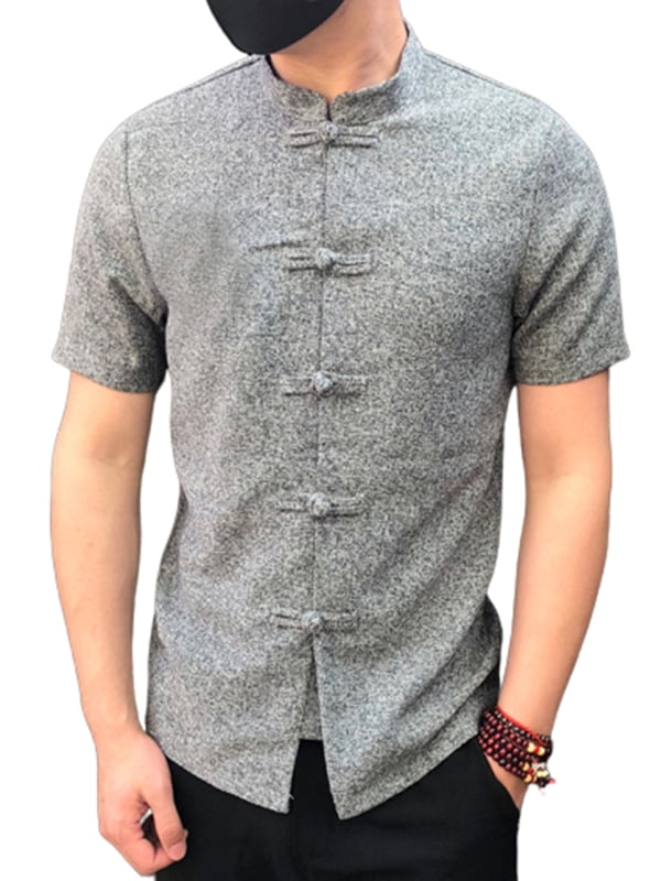 SELX Men Slim Fit Long Sleeve Linen Embroidery Frog Button Stand Collar Shirt 