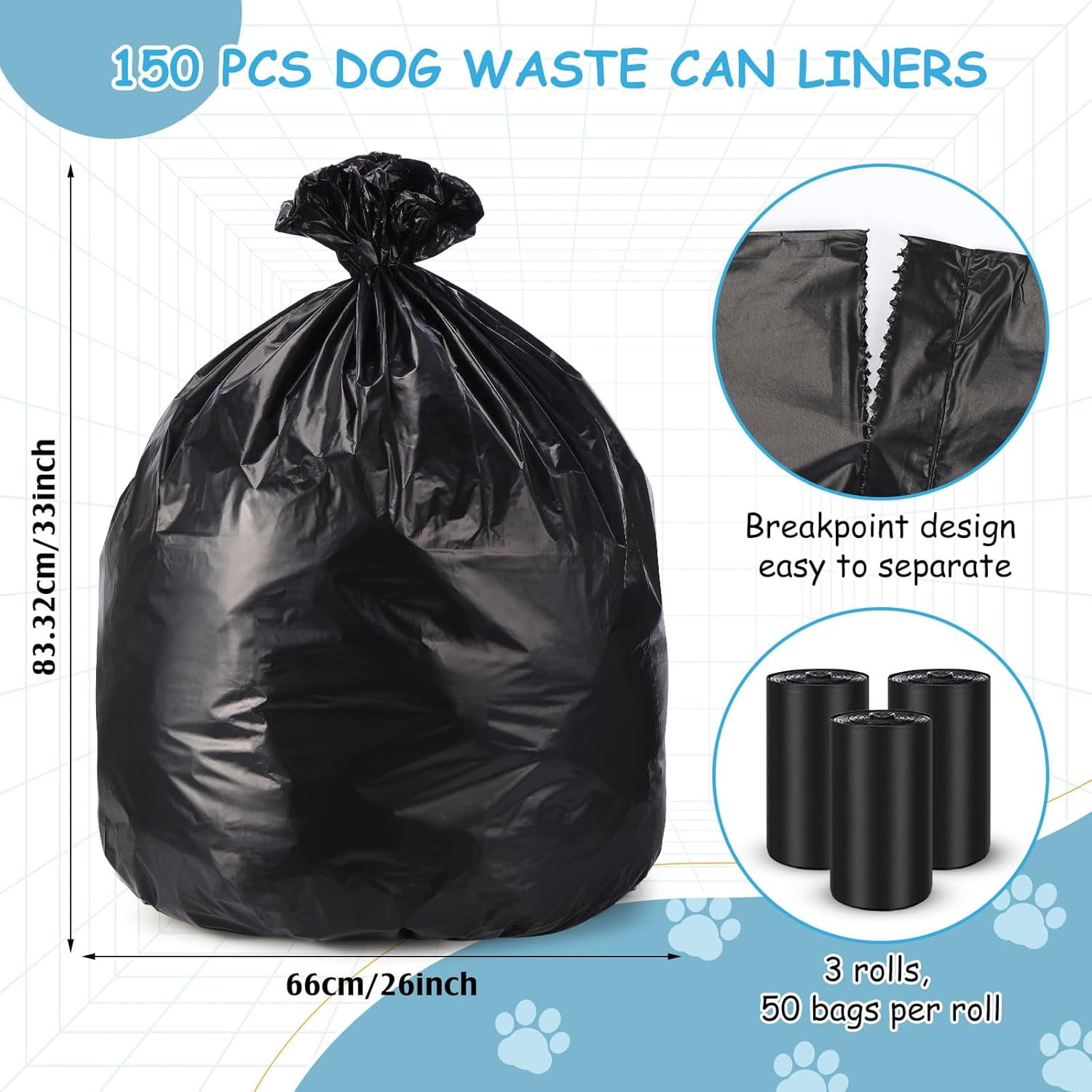 150 Pcs Dog Waste Poop Bags Dog Large Leak Proof Bags 26"x 33" Pet Waste Station Can Liners Heavy Duty Pet Trash Bin Liner for Walking Poop Station Dispensers, 3 Rolls of 50(Black)