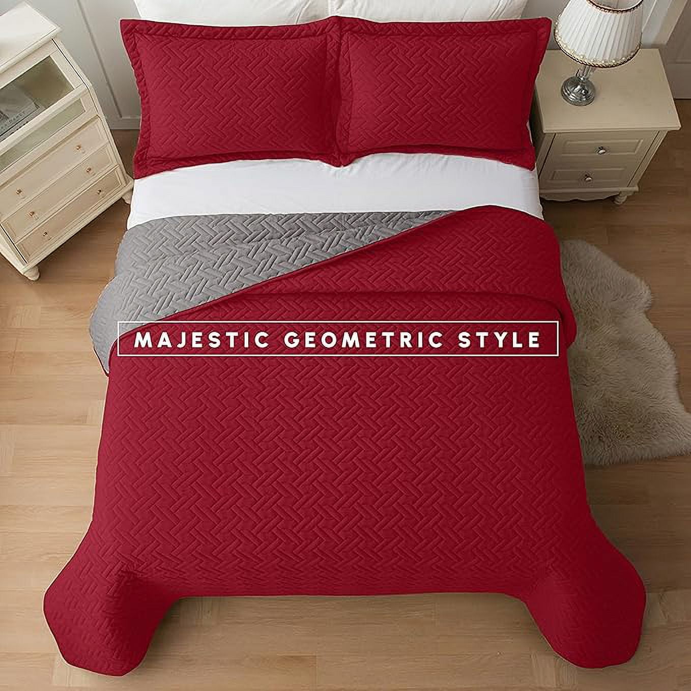 Elegant Comfort 3-Piece Quilted Reversible Bedspread Coverlet Set with Pillow Shams, Exquisite Majestic Stitching All Season Heavy Weight - Ultra Soft Premium Quilt- Twin XL, Burgundy/Gray