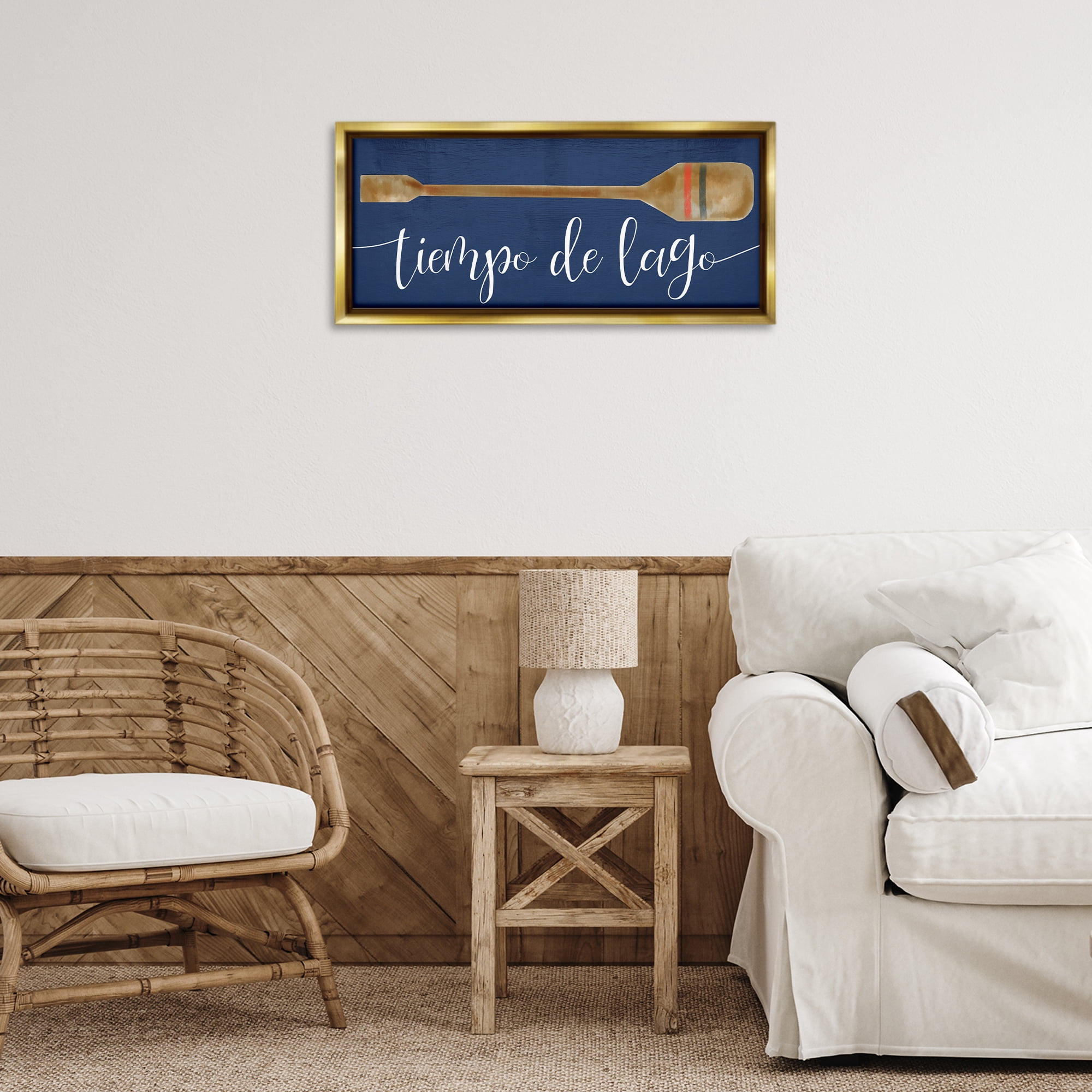 Stupell Industries Tiempo De Lago Náutica Inspirational Quotes & Sayings Painting Gold Floater Framed Art Print Wall Art, 25 x 11