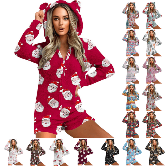 yoeyez Christmas Onesie Pjs Womens Cute Ear Hooded Fleece Pajamas Outfit Adult One-piece Pajama Zipper Short Rompers Bodysuit Sleepwear