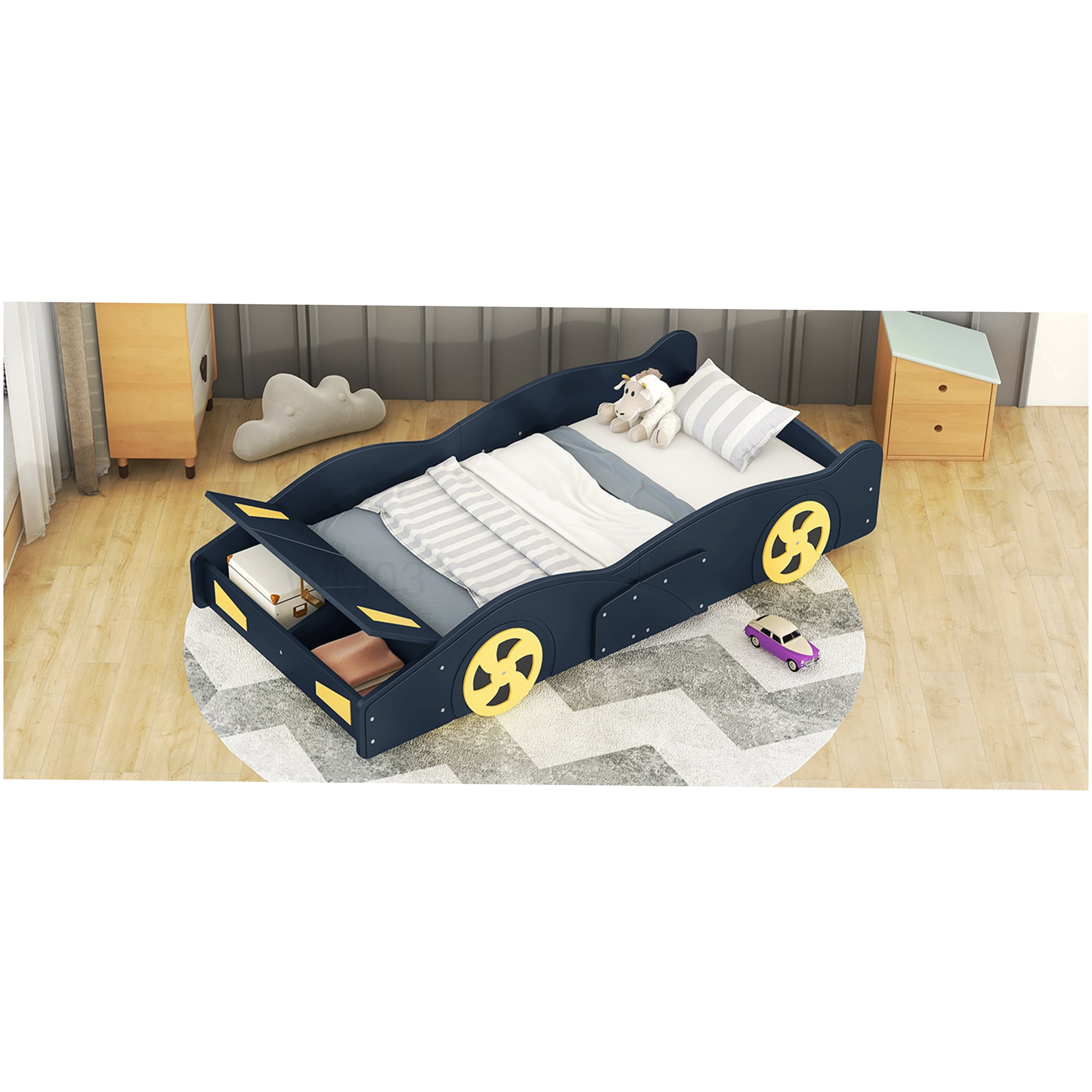 Low Profile Twin Bed Frame with Storage, Race Car Design, Solid Wood Platform Base