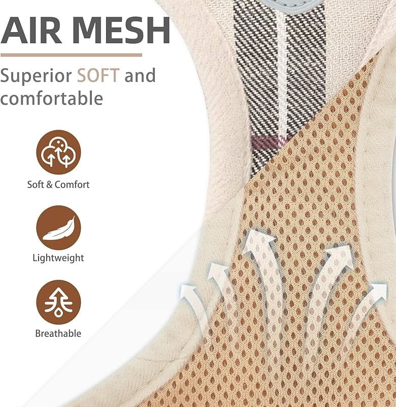 Adjustable Dog Harness Collar and Leash Set Step in No Pull Pet Harness for Small Medium Dogs Puppy and Cats Outdoor Walking Running, Soft Mesh Padded Reflective Vest Harnesses, Beige S