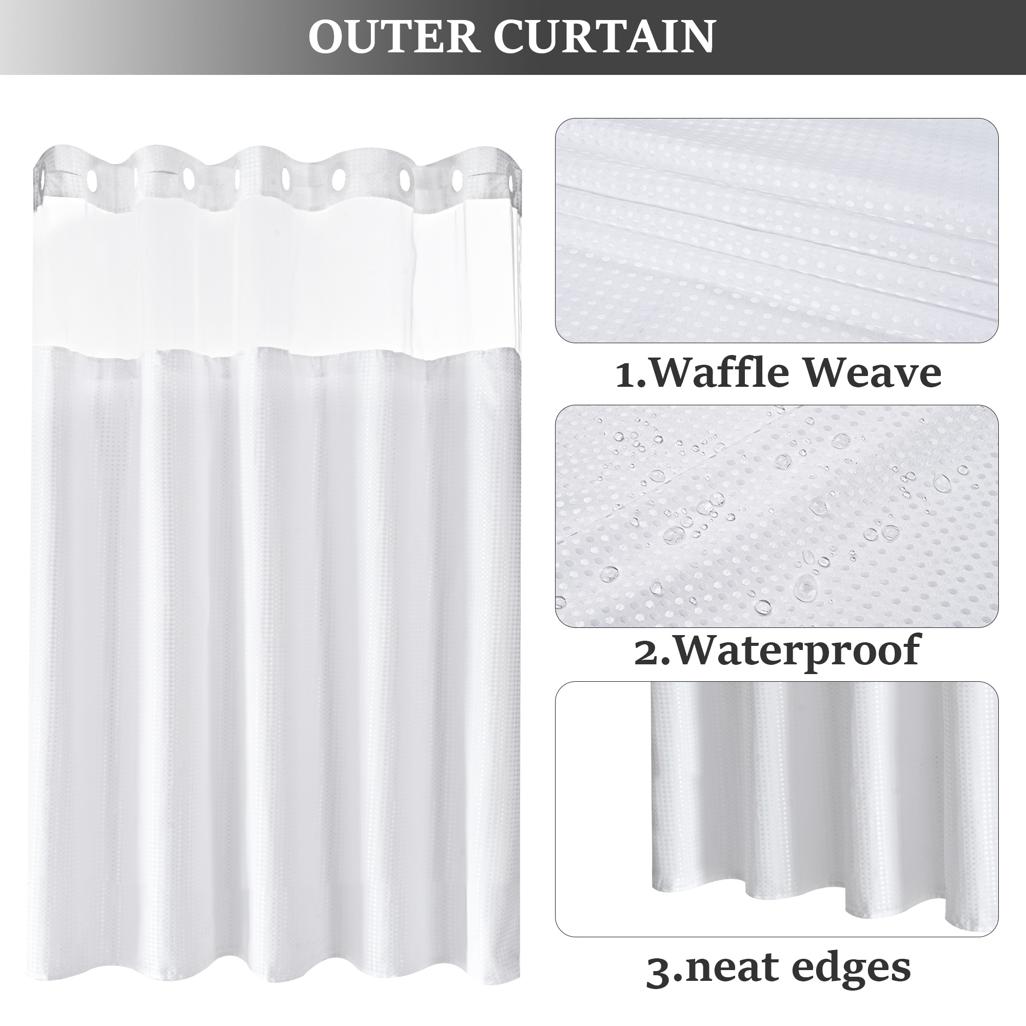 Ikfashoni White Hookless Shower Curtain with Snap-In Liner photo 6