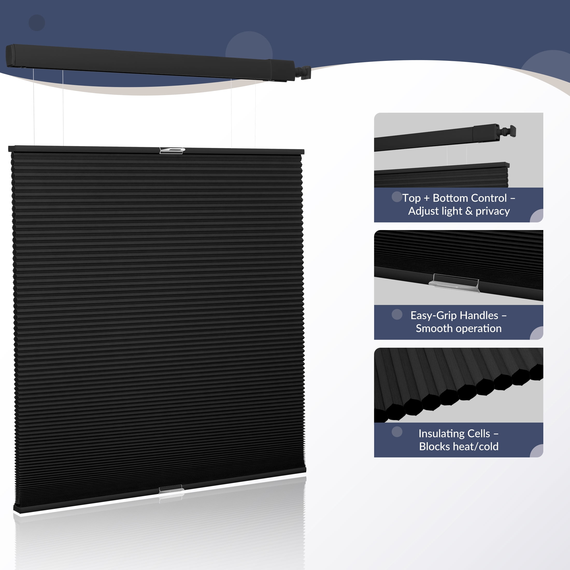 ZimJAHO No Drill No Tools Cellular Shades Cordless Top Down Bottom Up Honeycomb Blinds Blackout Window Blinds Easy to Install, Blackout-Black, 34"W x 64"H