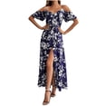 thumbnail image 4 of Taqqpue Womens Summer Maxi Dress V Neck Cold Shoulder Short Sleeve Casual Loose Long Split Dress Floral Boho Flowy Tropical Print Beach Long Sundress, 4 of 9