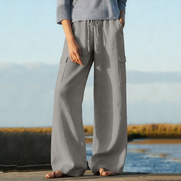 Simua Women's Spring Summer Solid Color Elastic Waist Linen Cotton Casual Cargo Straight Ankle Length Pants with Pockets Leisure Daily Wear