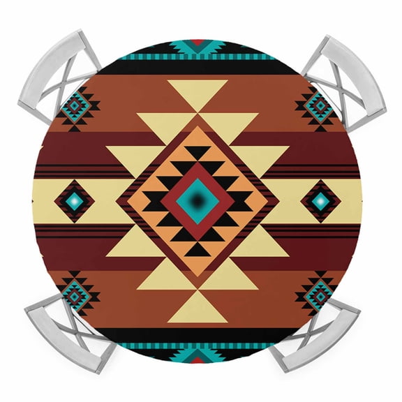 Round Fitted Tablecloth with Elastic Edge, Turquoise Red Waterproof Table Cloth Table Cover for 45"-54" Tables, Southwest American Native Abstract Pattern Tablecloths for Dining Picnic Party Outdoor