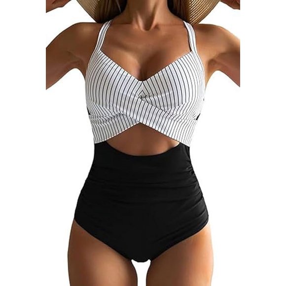 Maillot de Bain pour Femmes Aguichant à Découpes, Contrôle du Ventre, Taille Haute, Dos Croisé, Tenue de Plage