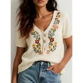 thumbnail image 3 of Short Sleeve Sweater for Women Retro Floral Mexican Embroidered Top Summer Tie Front V Neck Boho Peasant Blouse White S, 3 of 6