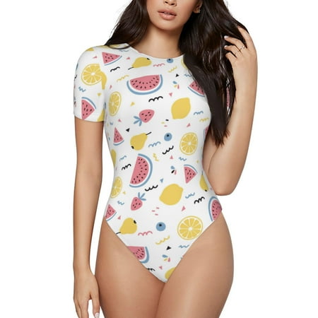 Naloa Watermelon And Lemon Women s Short-Sleeved Onesie  One-Piece Swimsuit for Parties  dates  clubs - X-Large