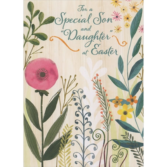 Designer Greetings Pink Flower with Dark Green Stem and Blue, Green and Gold Foil Vines on Light Brown Easter Card for Son and 'Daughter' (Daughter-in-Law)