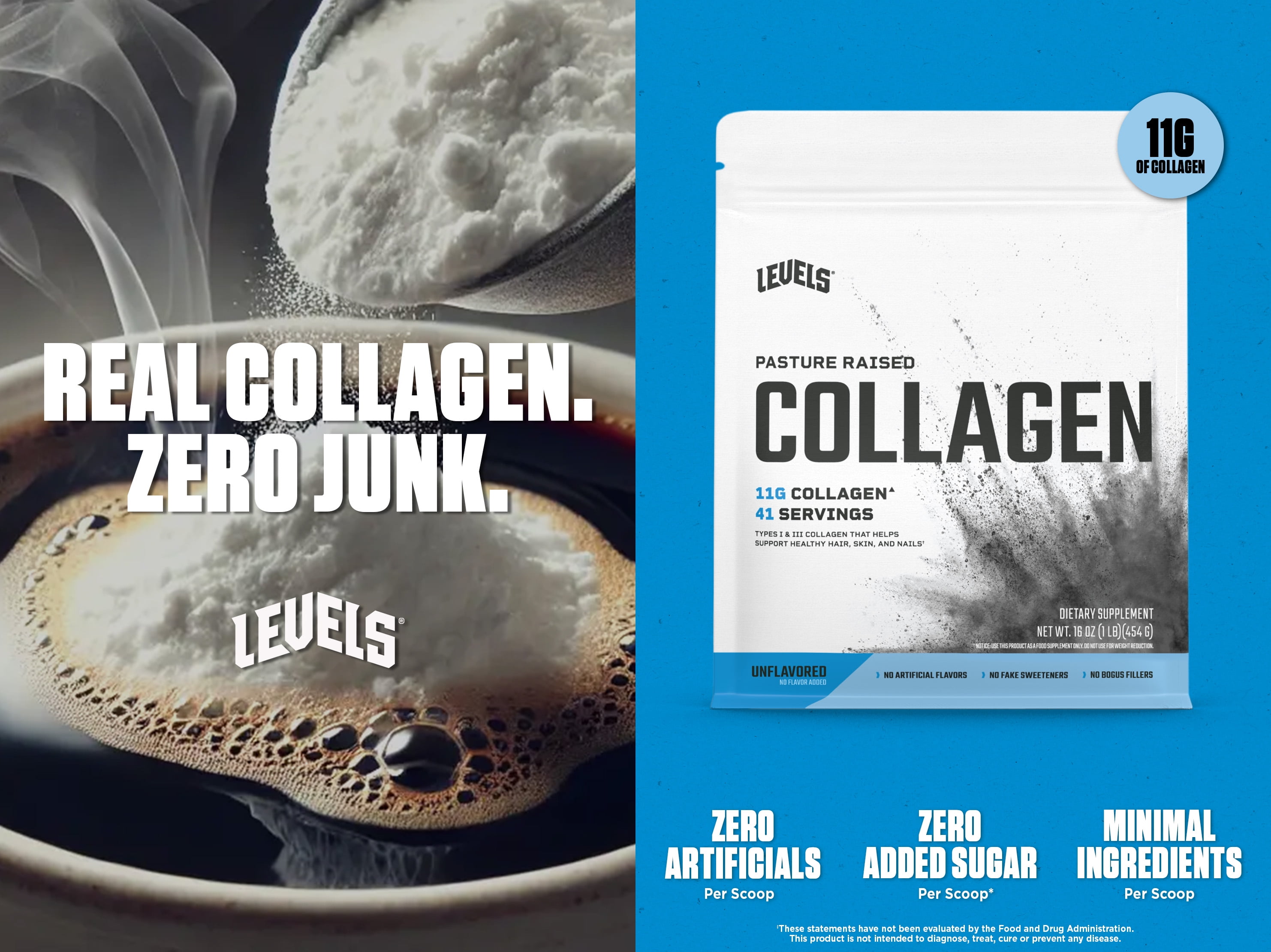 Levels Collagen Peptides, No Artificial Ingredients, 11G of Collagen, Unflavored, 1LB