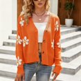 thumbnail image 2 of Arlun Fall Cute Daisy Jacquard Knit Cardigan Sweater for Women Button up Long Sleeve Cardigans Coat Floral Knitted Long Sleeve Open Front Outwear Y2k Slouchy Thin Sweaters Orange S, 2 of 5