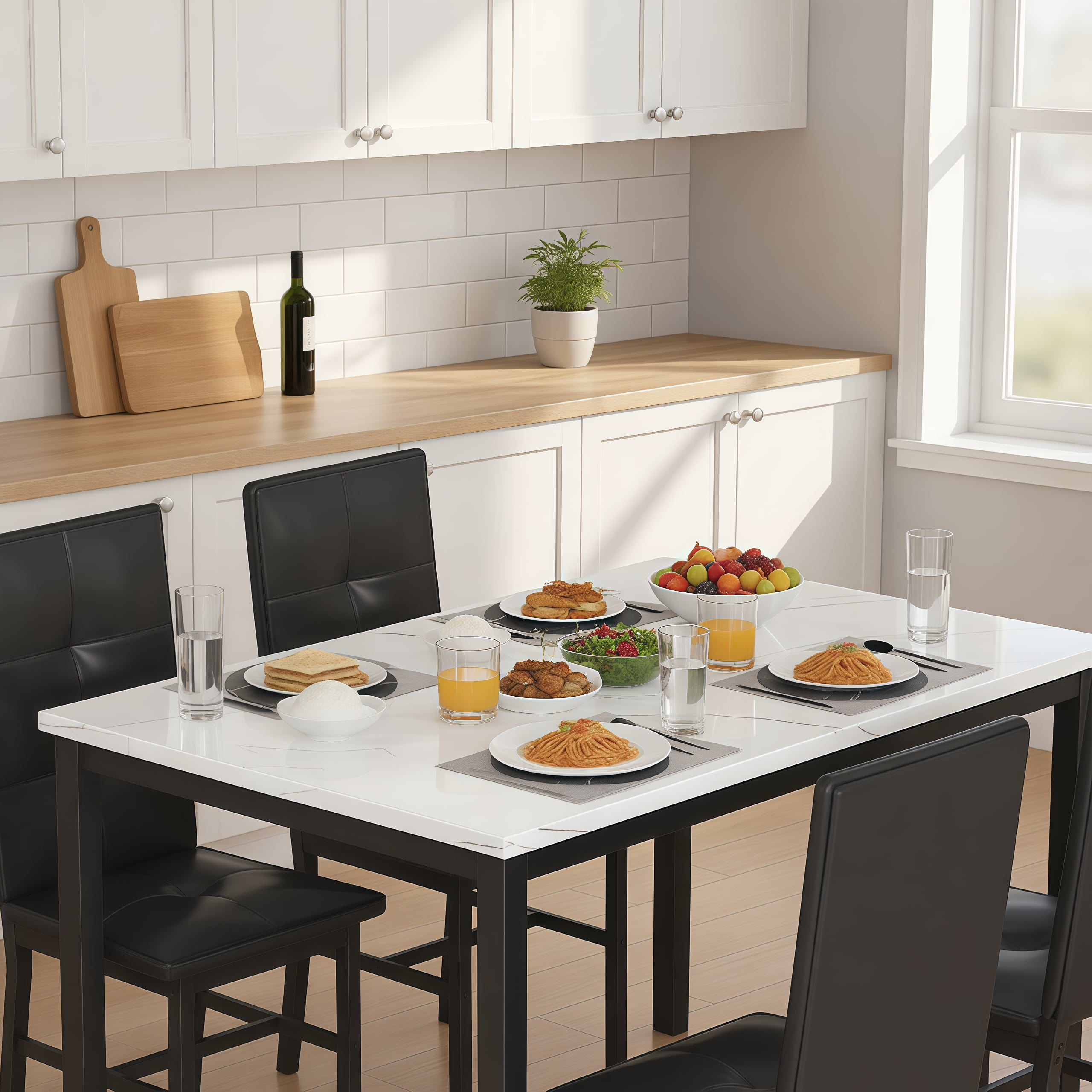 LinkRomat Dining Table Set for 4, Modern Faux Marble Tabletop and 4 PU Leather Upholstered Chairs, Kitchen Table and Chairs for Dining Room Breakfast Nook, White