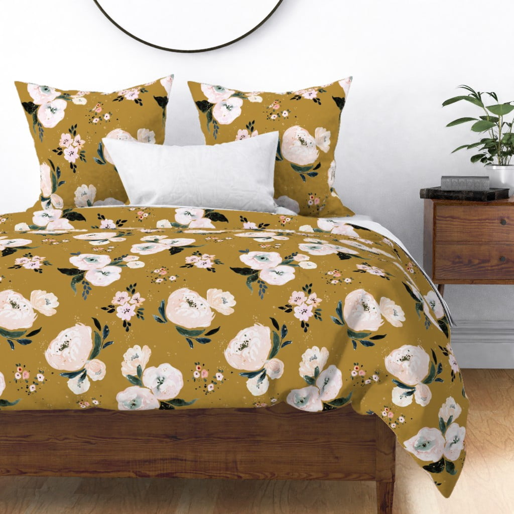 Floral Vintage Peonies Mustard Blush Sateen Duvet Cover by Roostery