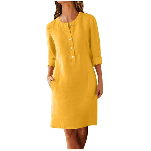 Aofany Summer Dresses for Women Cotton Linen Crew Neck Short Sleeve Casual Front Button Dresses with Pockets