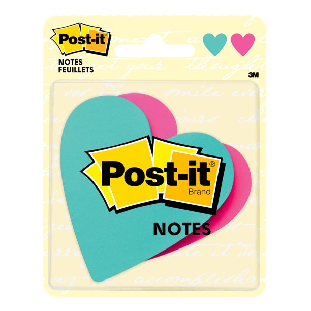 Postit Heart Shape Notes, 3" x 3", Assorted Colors