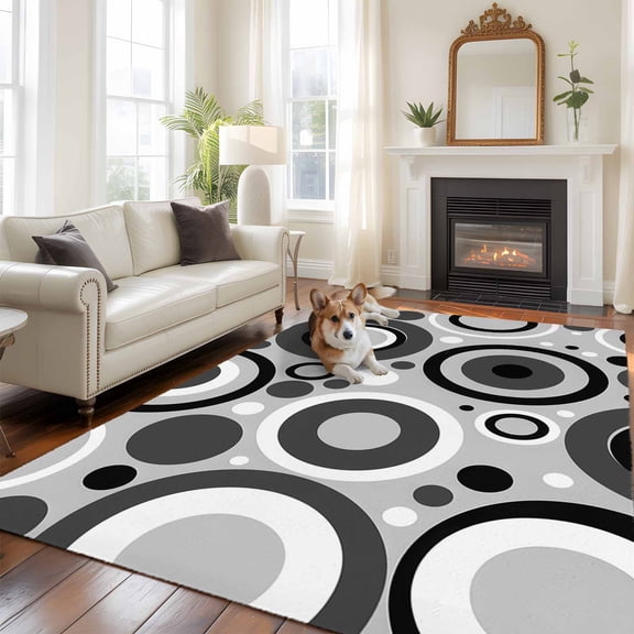 White Black Large Area Rugs 8x10 ft Abstract Grey Black White Circles Grey Texture Washable Rug Non Slip Indoor Carpet Absorbent Floor Mat for Living Room Bedroom Dining Room