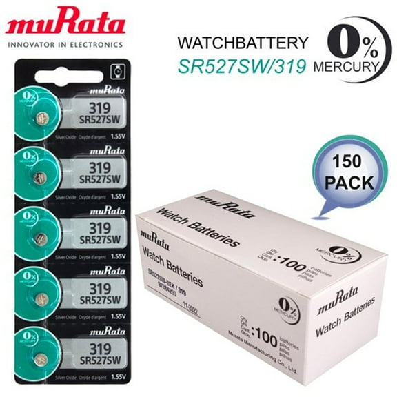 150 x Murata 319 Silver Oxide batteries 1.55V SR527SW D319 0% Mercury Watches