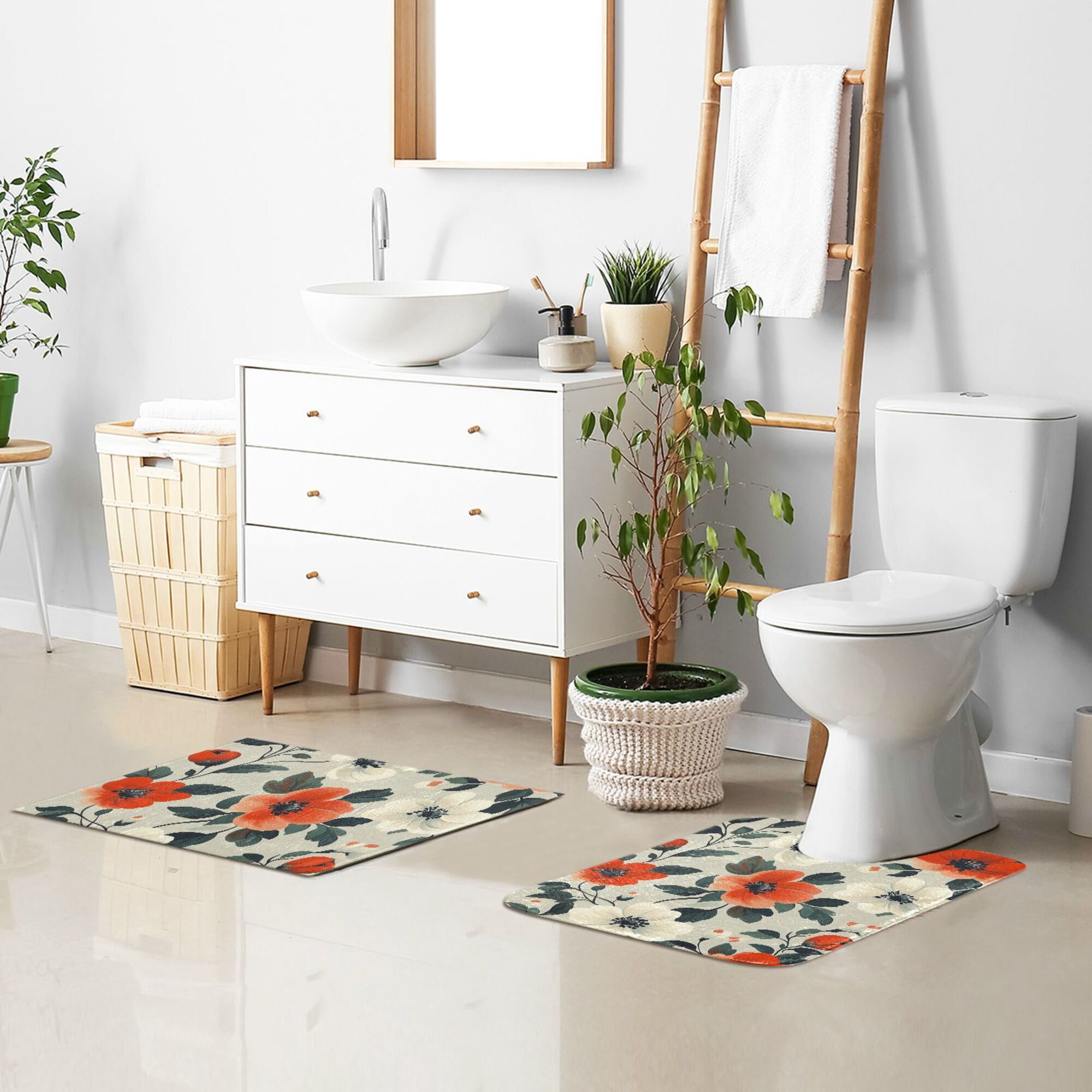 Yayeee Bath Rugs for Bathroom Floor Set of 2 Non Slip Fluffy Soft Absorbent Mat, Large Red Floral Pattern