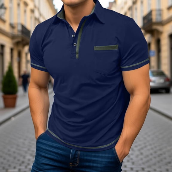 CHENHANN Men Polo Shirt Short Sleeve Button Down Shirts Basic Blue Mens Clothing