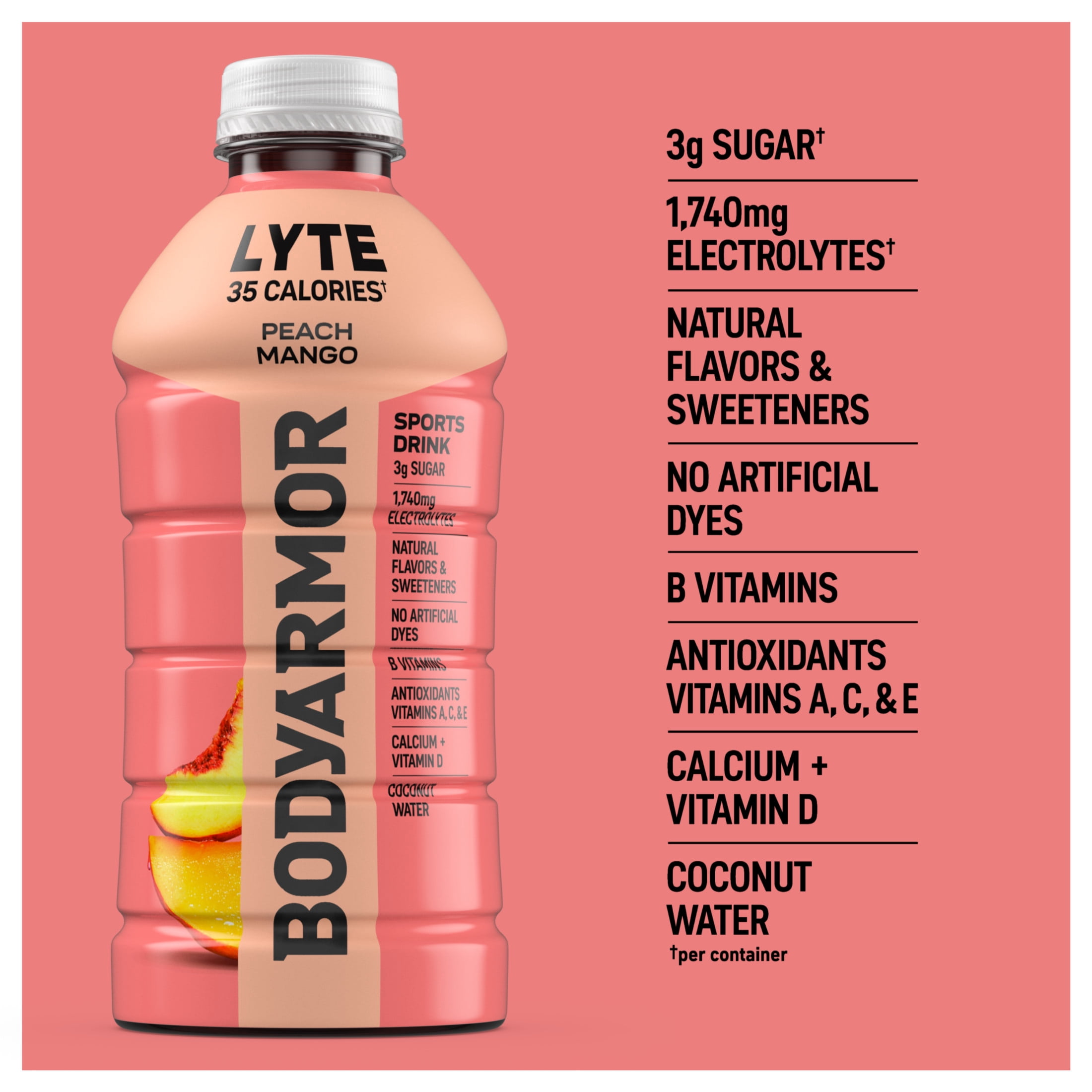 (5 pack) BODYARMOR Lyte Peach Mango Electrolyte Sports Drink, 28 fl oz Bottle