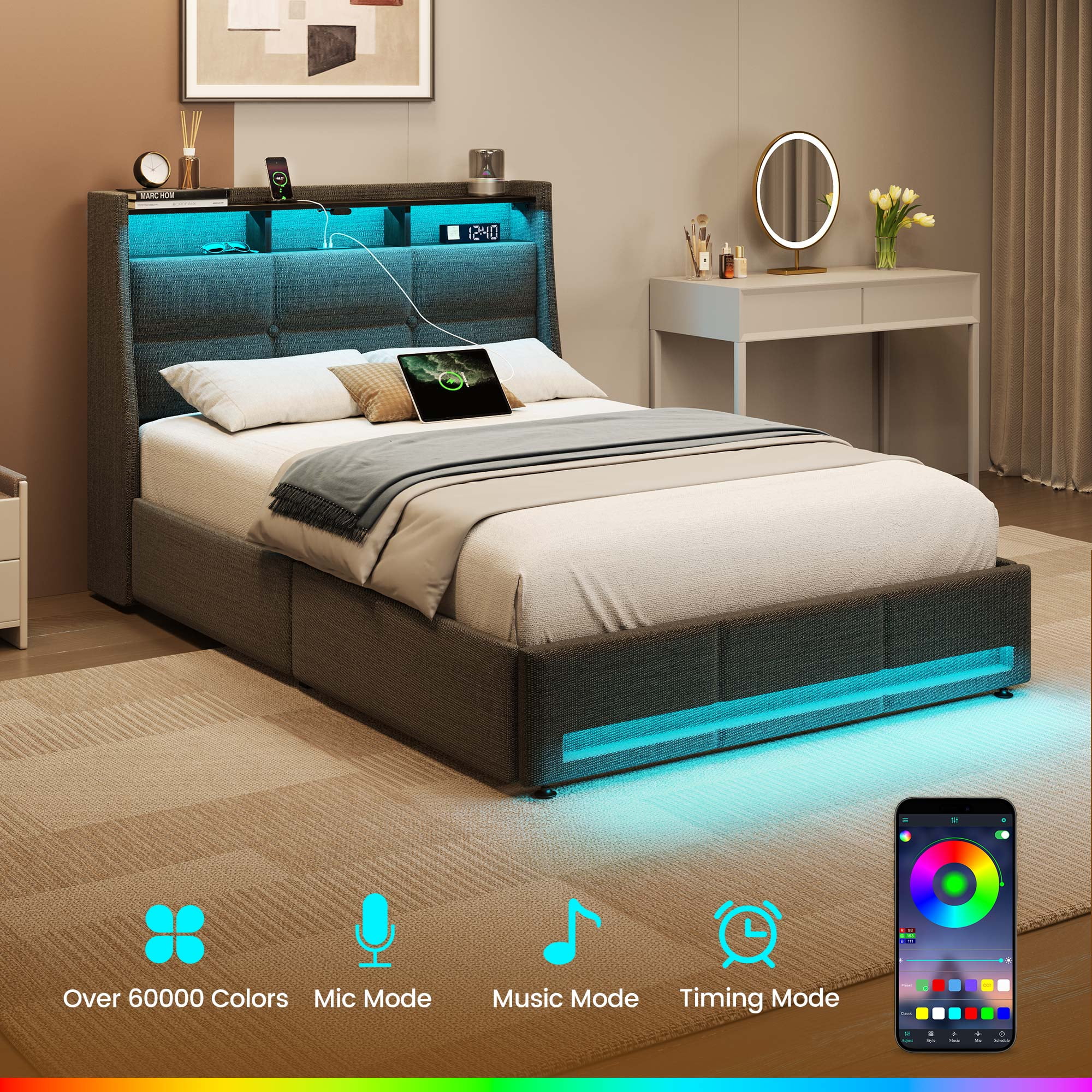 Greenstell Twin LED Storage Bed Frame - Charging Station, App Control, 900LBS Capacity, Dark Gray
