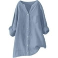 thumbnail image 4 of Yubnlvae Long-Sleeve Collared Linen Shirt - Women's Button-Up Top for Office, Travel, Or Smart Casual, Women's Plain V-Neck T-Shirt Basic Staple Tee Soft Cotton Summer Casual Top, Blue, Xxl, 4 of 7