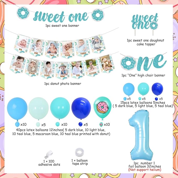 Sweet One Donut 1st Birthday Party Decors Boy Donut 1st Birthday Macaroon Blue Balloon Garland Arch Kit with Donut Photo Banner High Chair Banner, Sweet One Banner Cake Topper, Doughnut Foil Balloon