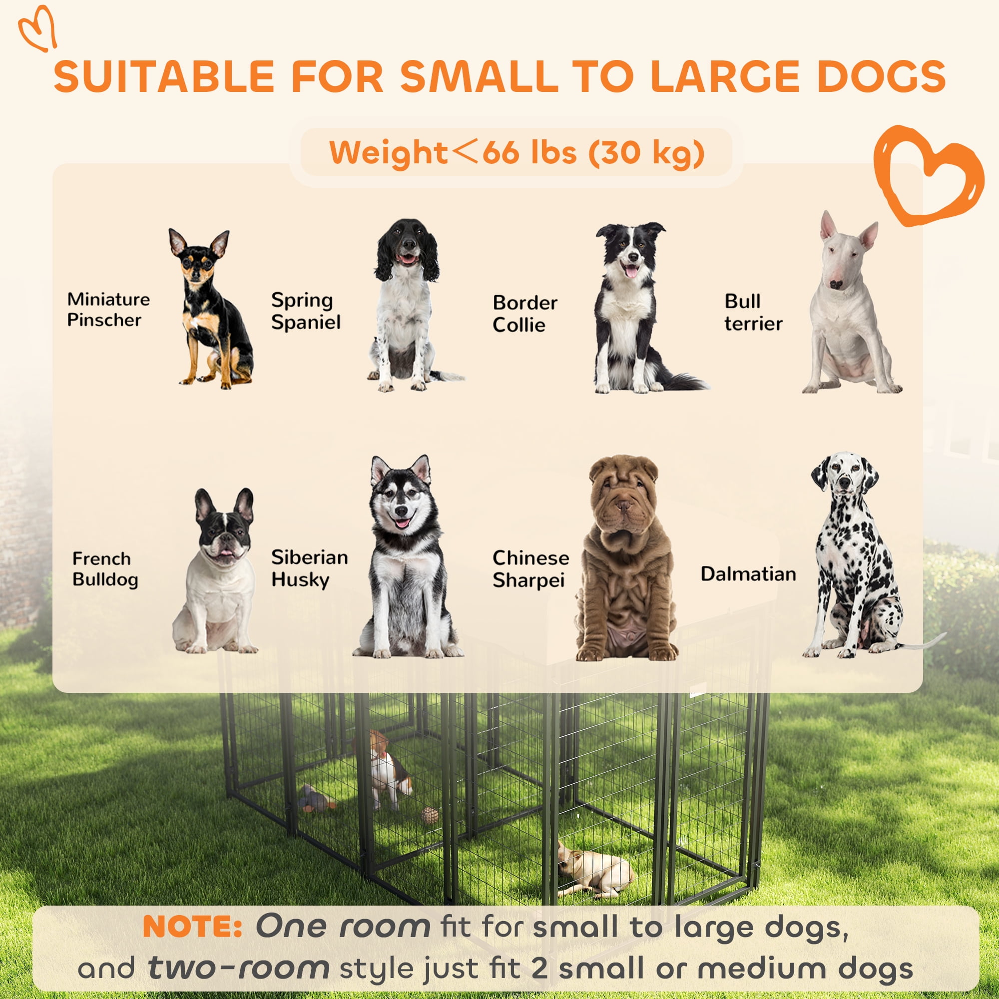 PawHut Outdoor Dog Kennel with Two-Room Design, Large Dog Run with Water-Resistant & Sun-Proof Cover, for Small, Medium, Large Dogs, 8' x 4' x 6'