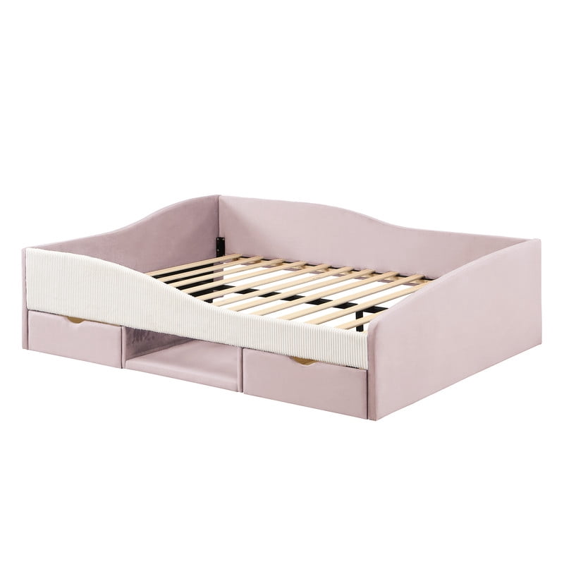 Full Size Upholstered Daybed Frame, Low-Profile Storage Platform Bed with 2 Drawers and Open Compartment, Two-Tone Accent Kids Bed