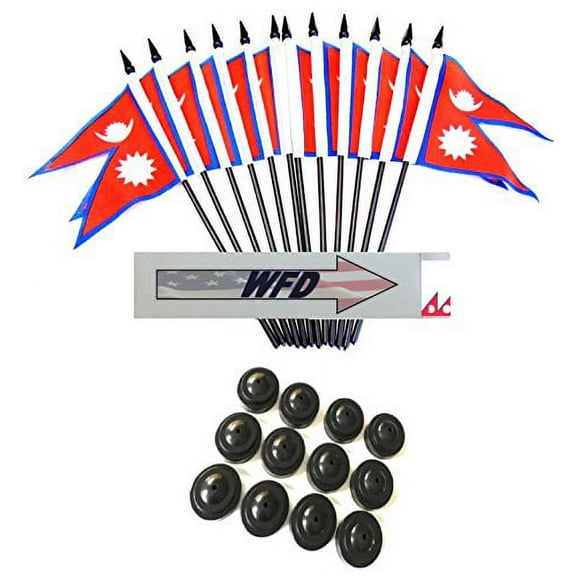 Pack of 12 4"x6" Nepal Polyester Miniature Office Desk & Little Table Flags, 1 Dozen 4"x 6" Nepalese Small Mini Handheld Waving Stick Flags with 12 Flag Bases (Flags with Stands)
