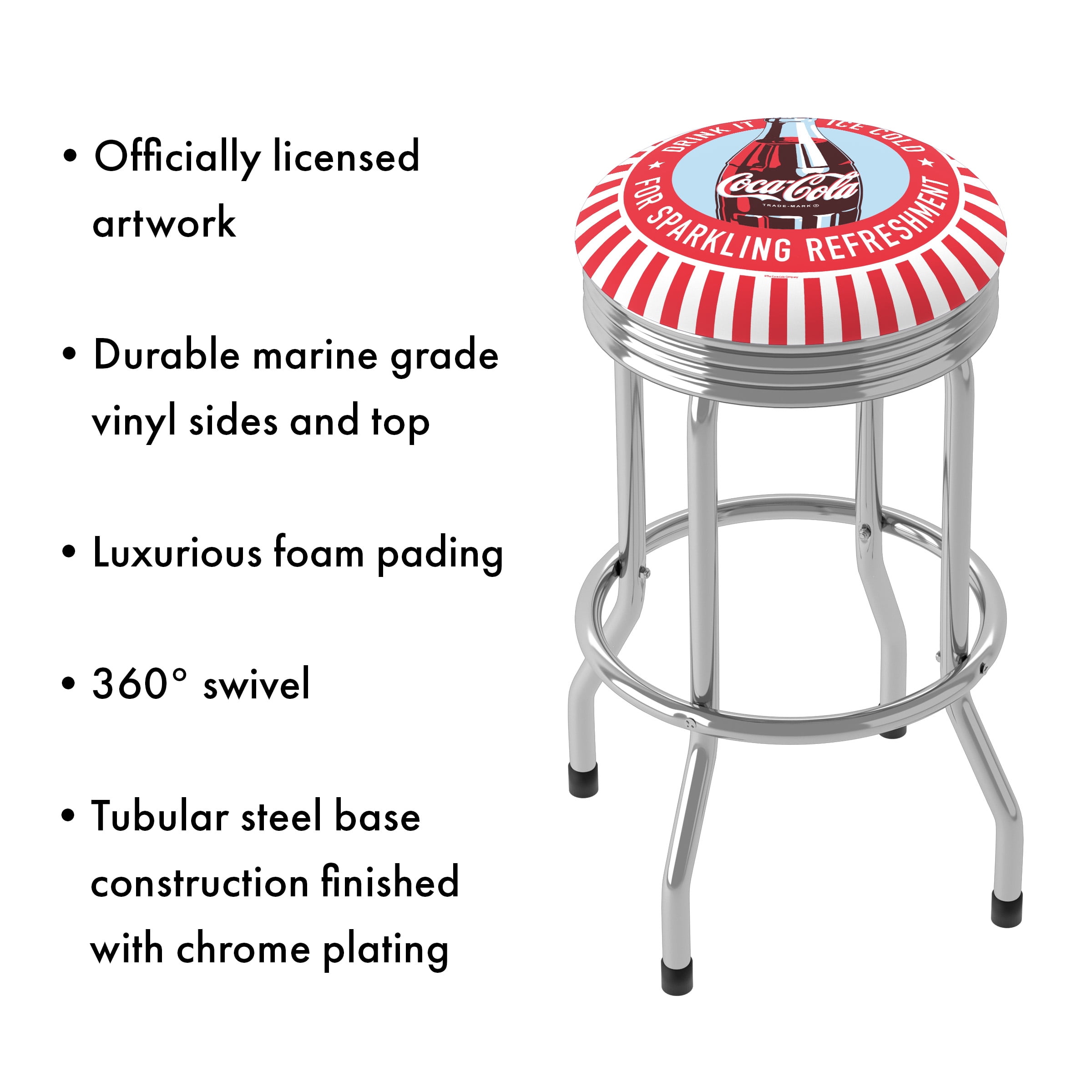 Trademark Gameroom Coca-Cola Drink It Ice Cold for Sparkling Refreshment Bottle Art Chrome Ribbed Barstool