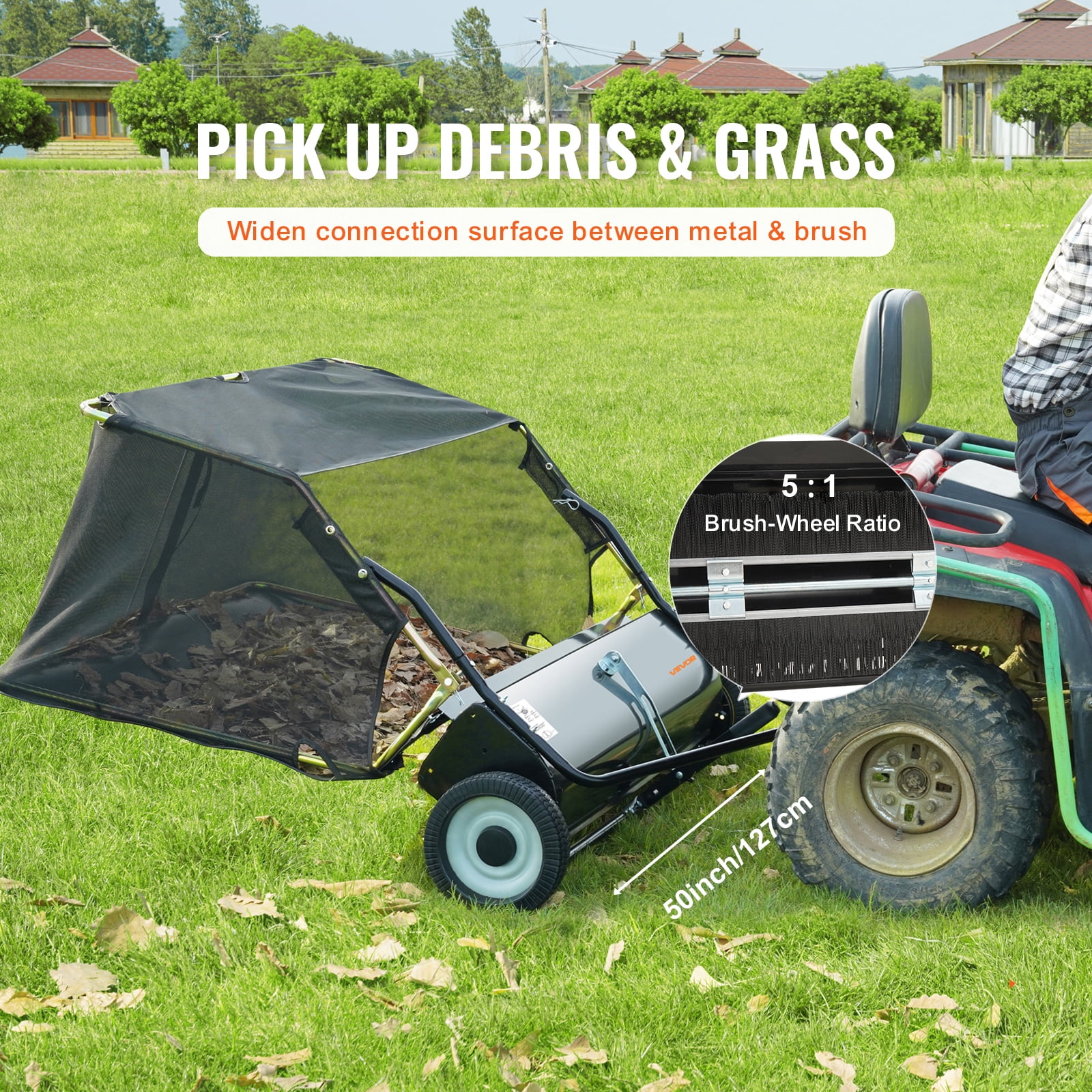 VEVOR Tow Behind Lawn Sweeper, 50 in Pull Behind Lawn Sweeper, 26 Cu. ft Large Capacity Leaf & Grass Collector, Heavy Duty Garden Sweeper with Adjustable Sweeping Height for Yard, Lawn, Farm