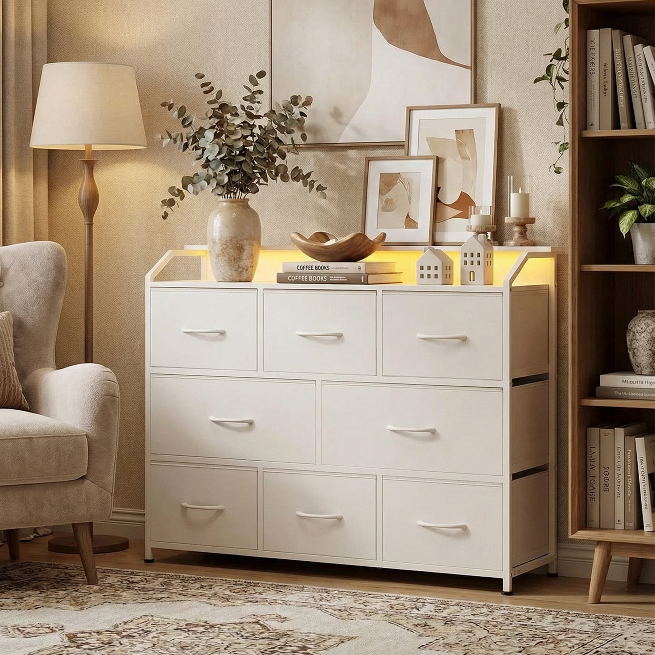 edx 8-Drawer Fabric Dresser with Power Outlets & LED Light, Multifunctional TV Stand Storage Cabinet for Bedroom, Living Room, Office & Hallway, White