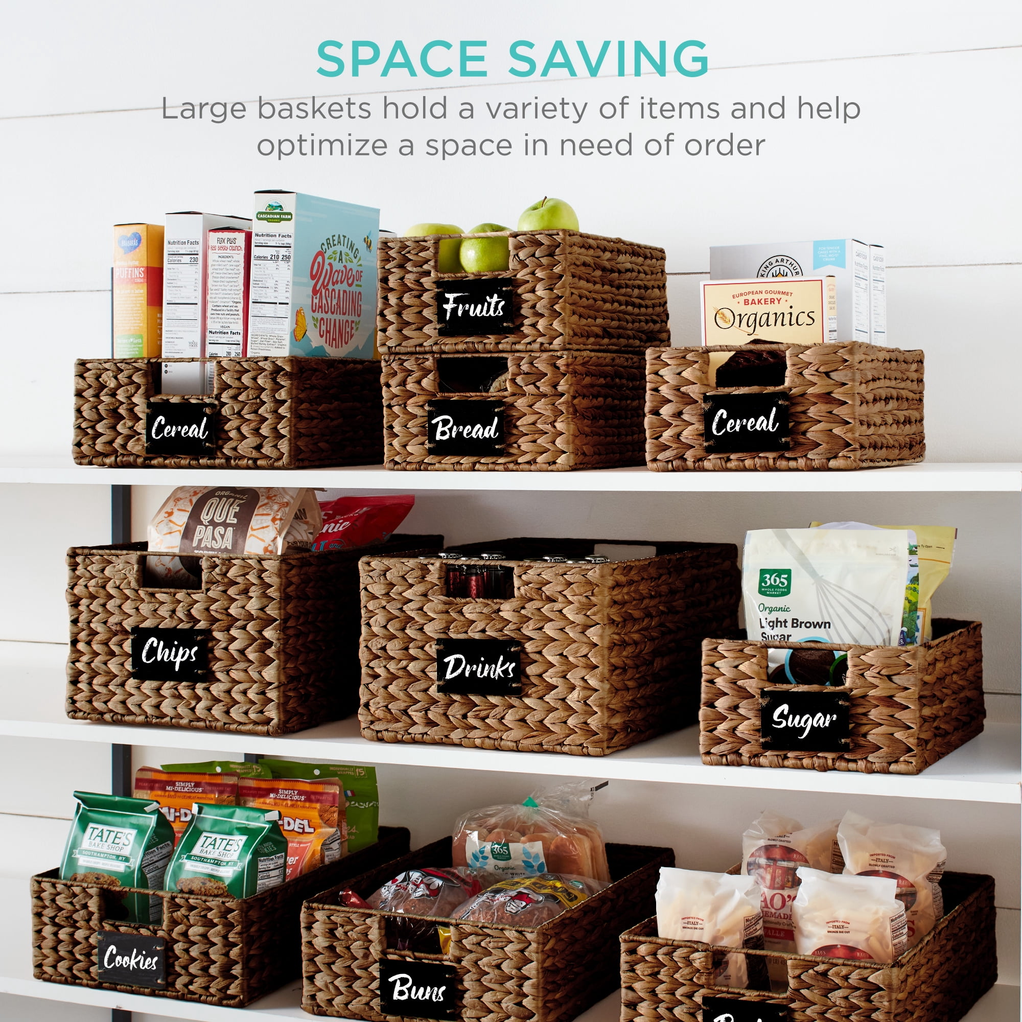 Best Choice Products Set of 4 12in Woven Water Hyacinth Pantry Baskets w/ Chalkboard Label, Chalk Marker - Chestnut