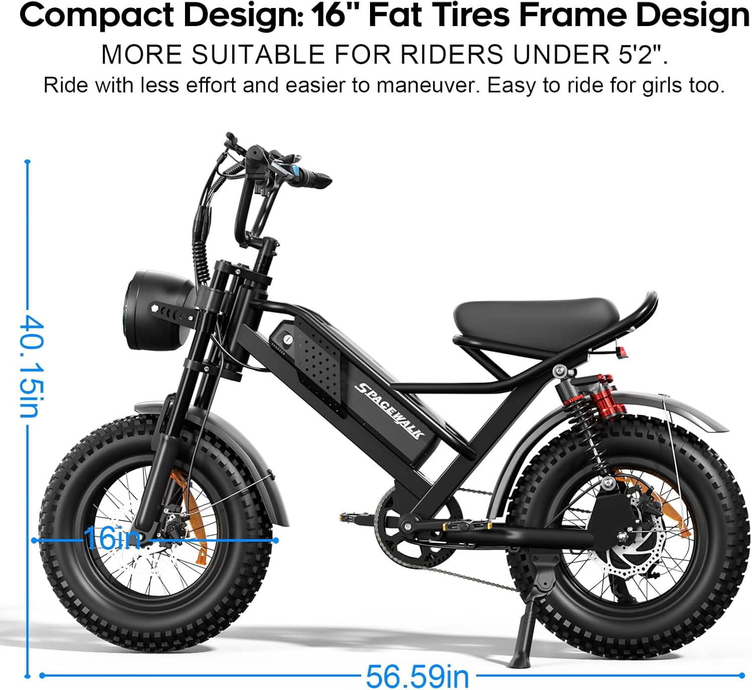 Eilleo Spacewalk M6 Off road Electric Bike for Teens/Adults,16" fat tire Ebike,1500W Peak Motor 21.7mph,48V 15.6Ah Removable Battery, Dual Suspension UL2849