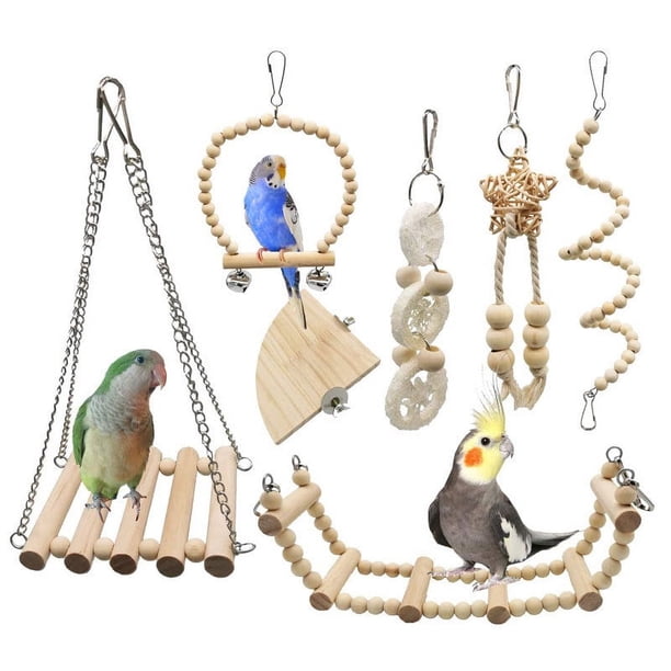 Juguetes para pájaros, juego de 7 juguetes masticables de madera natural para loros, campana colgante, columpio para jaula, apto para pinzones, periquitos pequeños y otros.