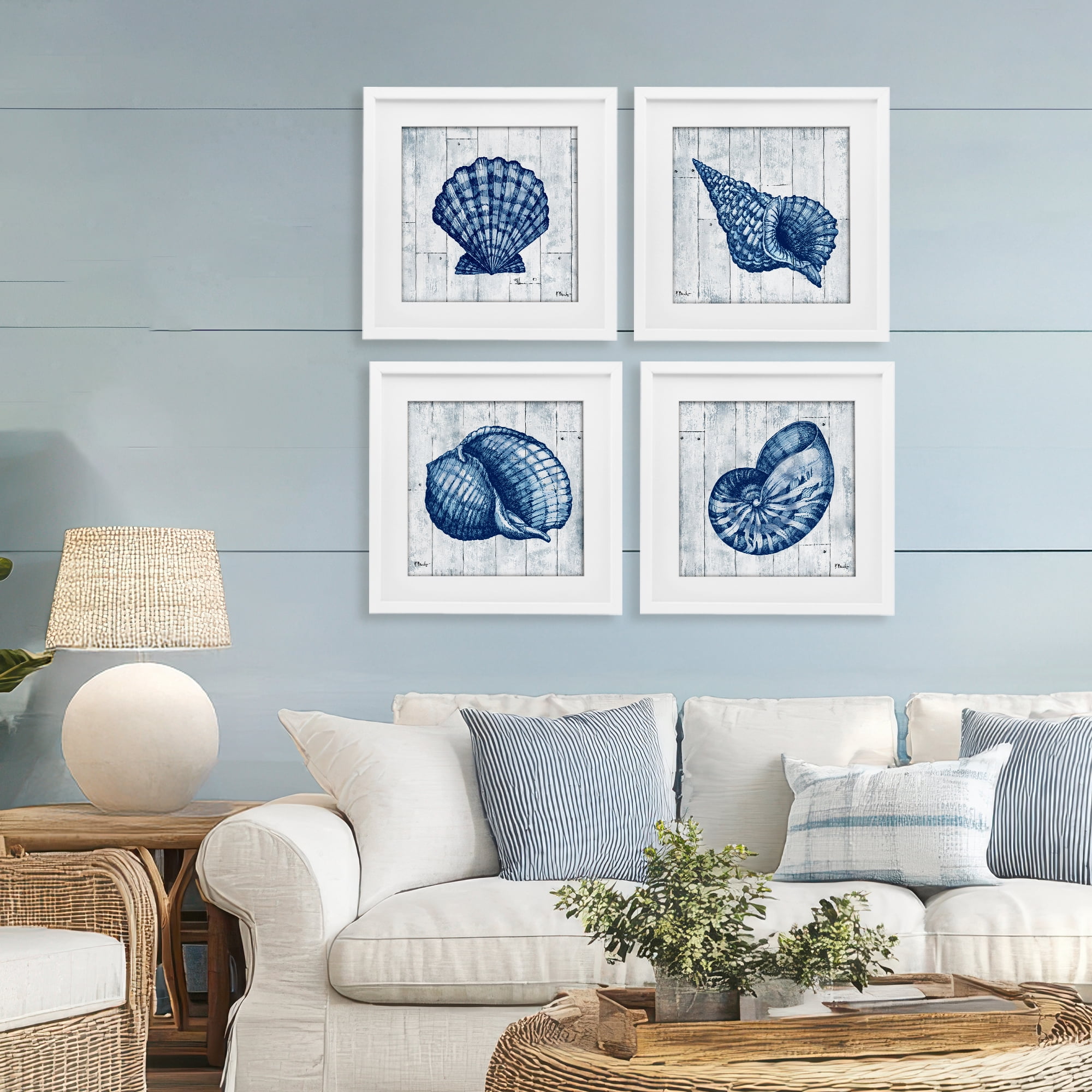Stupell Industries Coastal Timberland Seashells 4 Piece White Framed Print Under Glass Set, design by Paul Brent