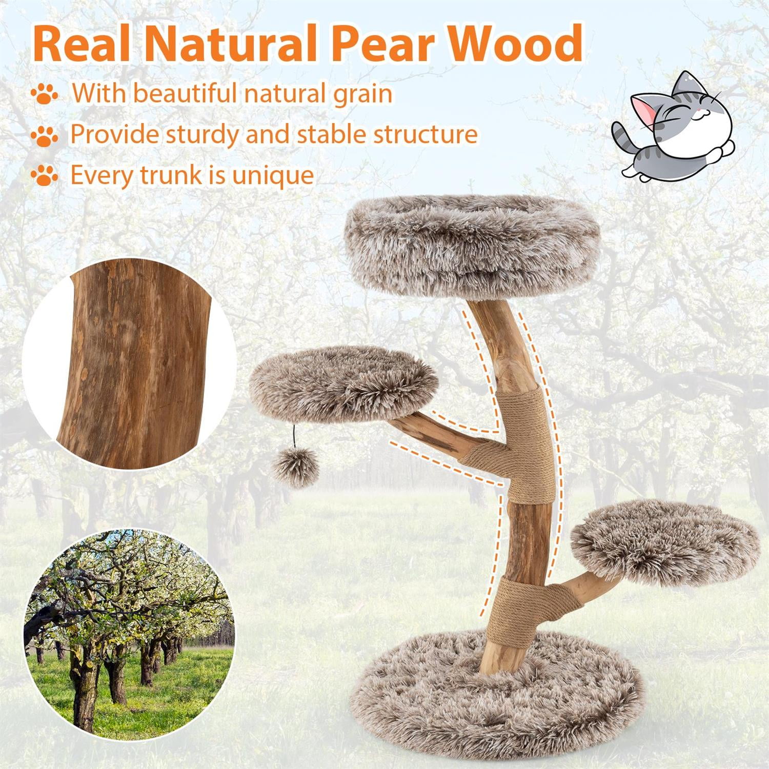 Pefilos Solid Pear Wood Cat Tree, Top Perch & Natural Jute Scratching Posts, Hanging Toy & Anti-Toppling, Brown