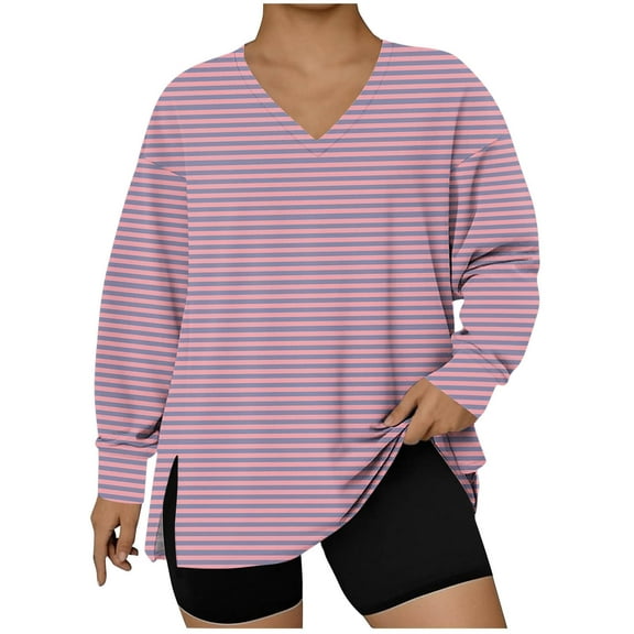 Womens Oversized Plus Size Tops, Long Sleeve Pullover for Women Fall Fashion Loose Fit Striped Printed Side Slit V Neck Sweatshirts