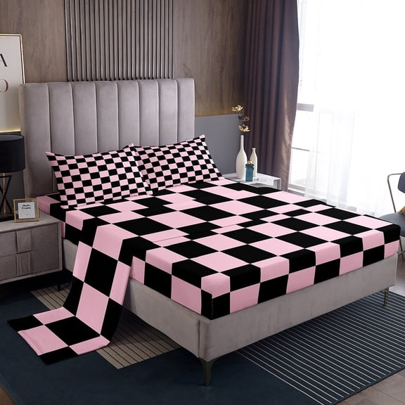 Erosebridal Checkered Gingham Twin Sheet Sets, Blue White Bedding Twin Size, Rectangle Geometry Decor
