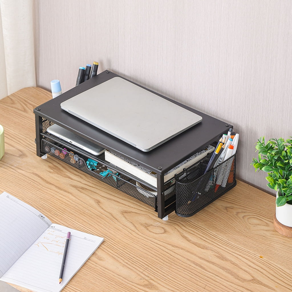 Yammee Screen Stand with Ventilation Drawer Pen Cup Double-Layered Metal Laptop Stand with Side Storage Desk Organizers
